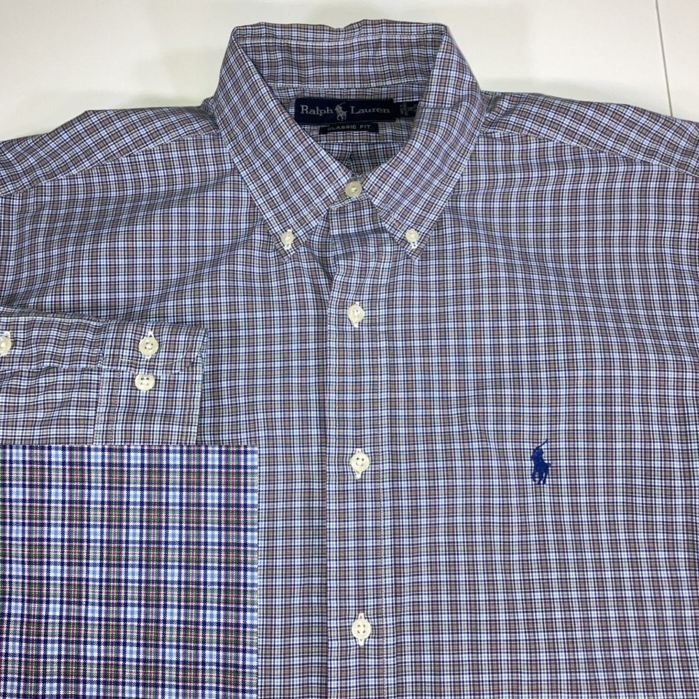 Polo Ralph Lauren Shirt Mens 16 34/35 Blue Tattersall Button Down Classic Fit